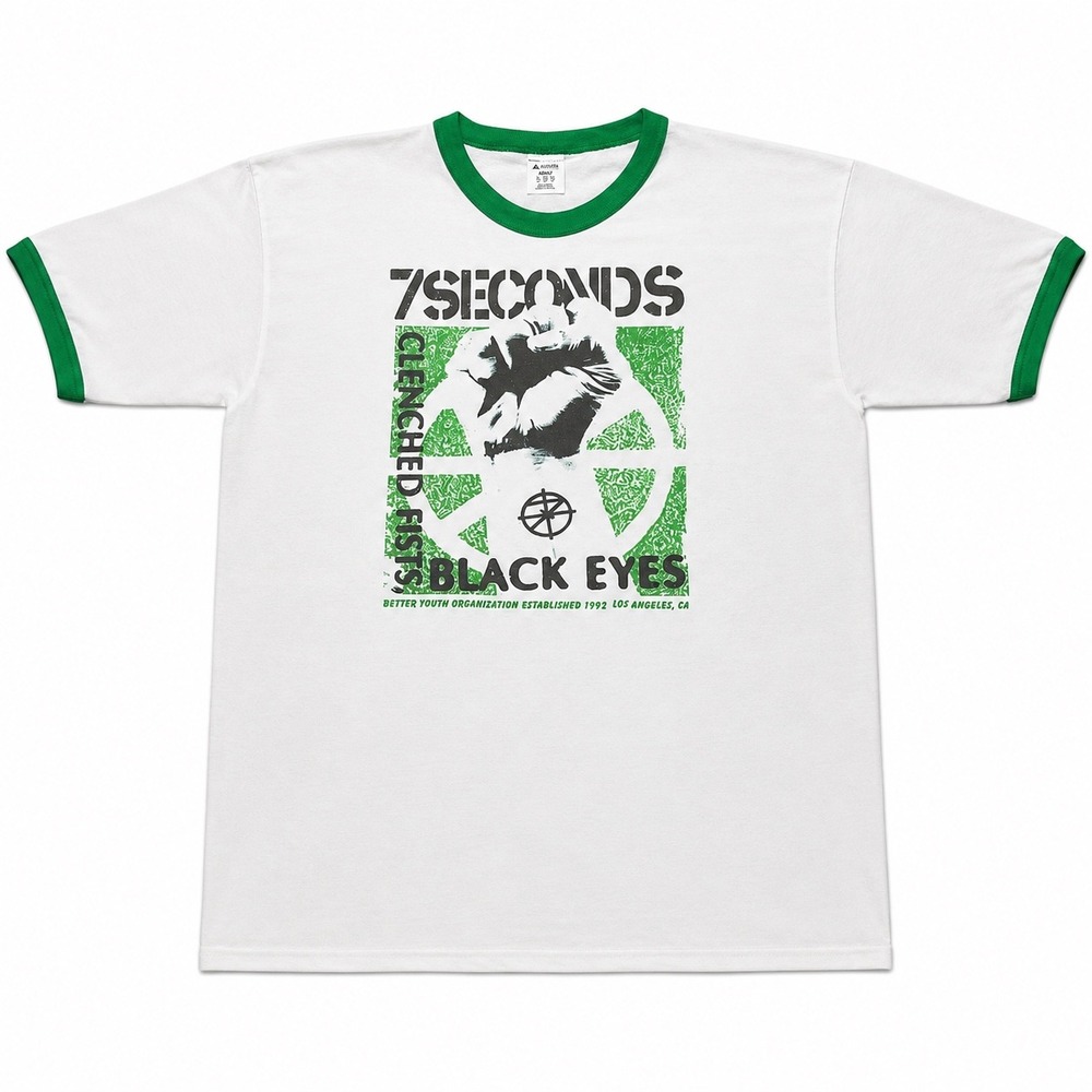 7 Seconds Clenched Fists Black Eyes Ringer T-Shirt White Green BYO Punk Rock XL